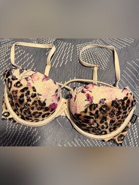 PINK Victoria's Secret Cream Bra with Pink Floral & Leopard Print